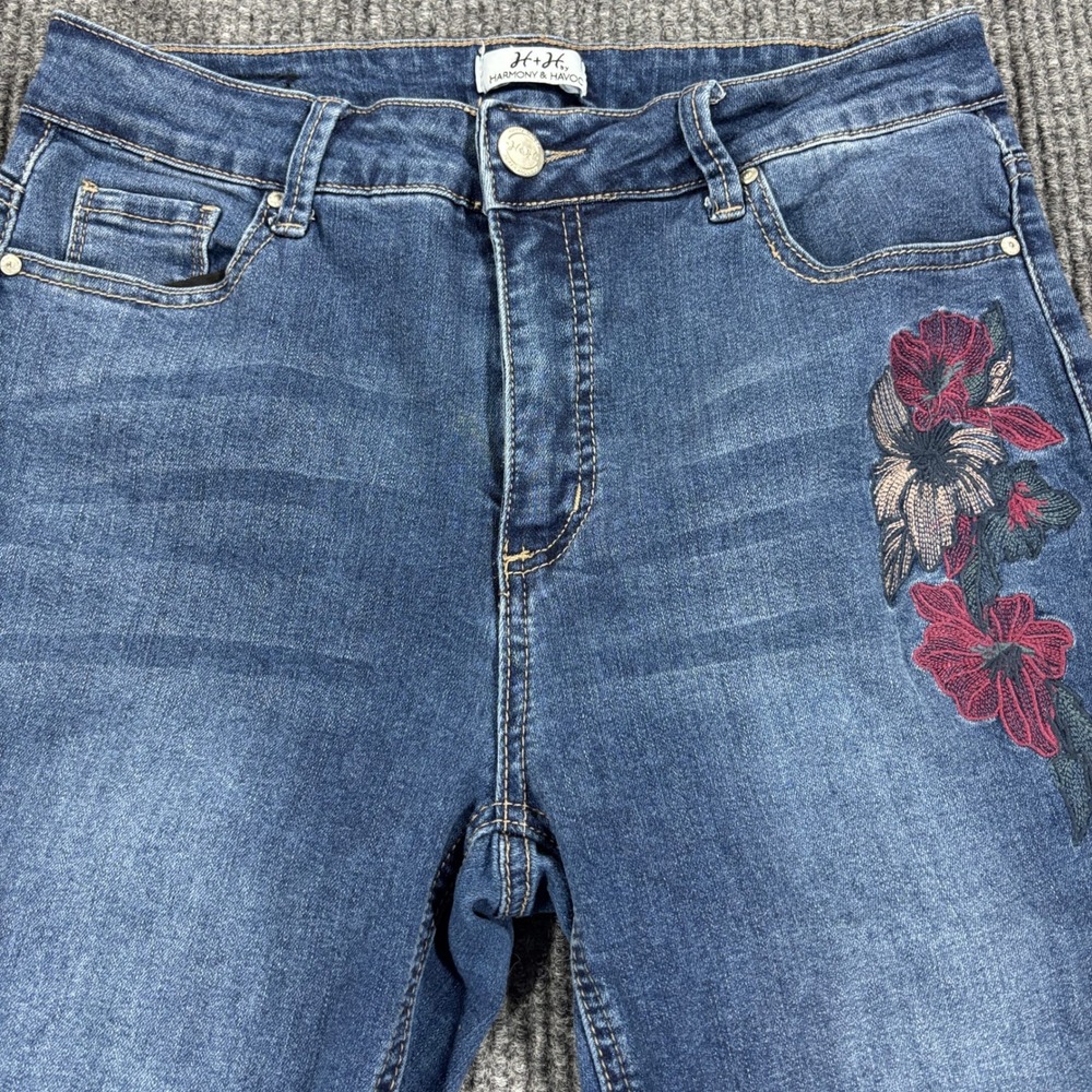 Harmony & Havoc Cropped Jeans Womens 10‎ Blue Floral Embroidered Cuffed